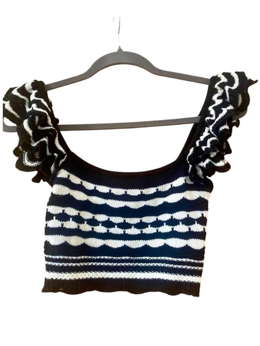 H&M Black White Striped Knit Crop Top XS Ruffle Strap Coquette Balletcore